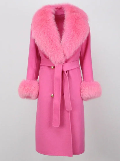 Double Breasted Woolen Jacket Belt Warm Cashmere Real Fur Coat Streetwear New Fashion 2024 Winter Women Long Natural Wool Blends