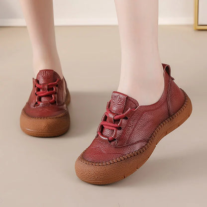 New Women's Genuine Leather Flats Woman Tied Up Wide Head Sports Sneakers Vintage Moccasin Non-Slip Walking Driving Loafer Flats