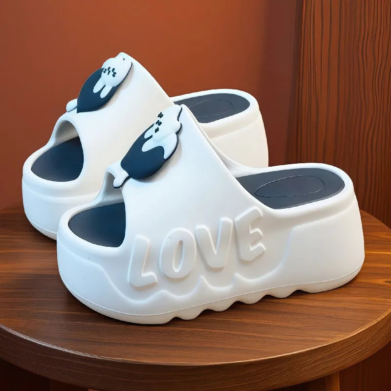 New pink flower high heel slipper women's outdoor slides sweet backless beach shoes woman flat platform mules elevator slippers