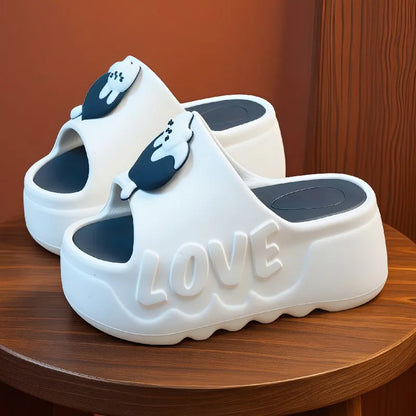 New pink flower high heel slipper women's outdoor slides sweet backless beach shoes woman flat platform mules elevator slippers