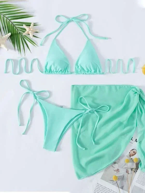 2026 Women's High Waist Bikini Set Halter Cut Out Mesh Skirt 3 Piece Swimsuit Brazilian Push Up Bra Beach Bathing Suit Swimwear