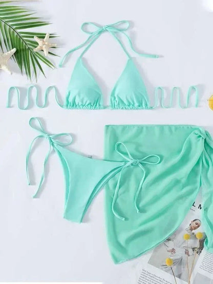 2026 Women's High Waist Bikini Set Halter Cut Out Mesh Skirt 3 Piece Swimsuit Brazilian Push Up Bra Beach Bathing Suit Swimwear