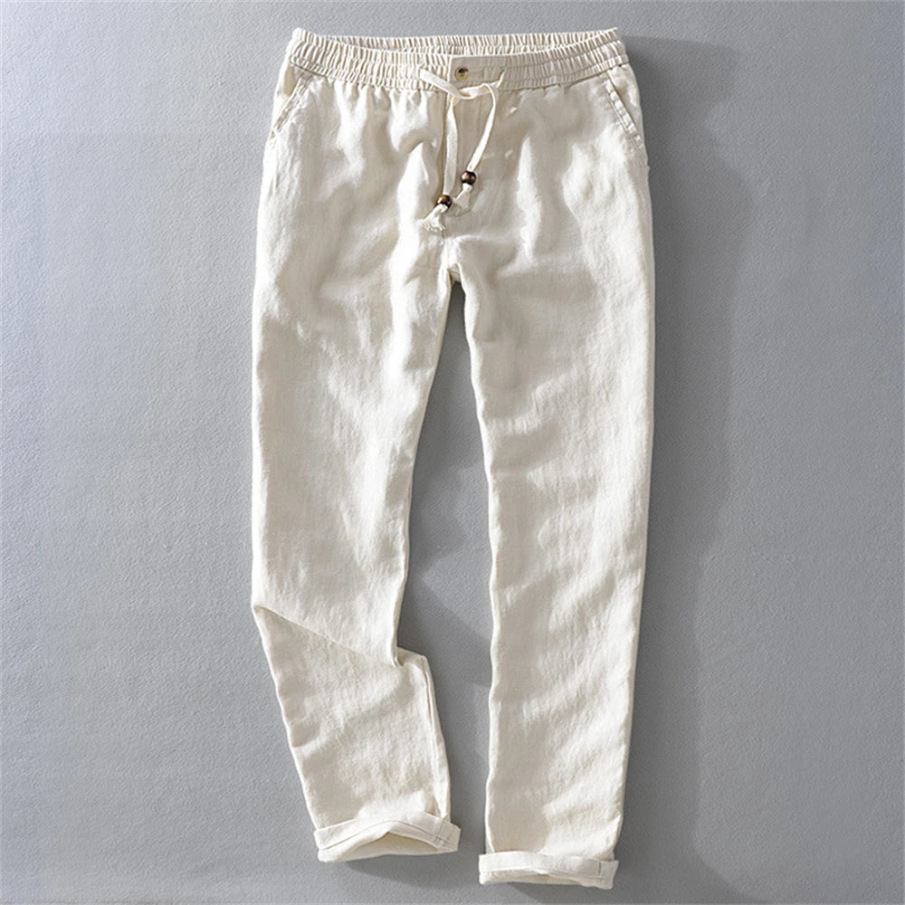 2025 Summer men's Linen pants Thin Breathable Spring solid Beach Trousers for men Elasticated waist white man Casual pants