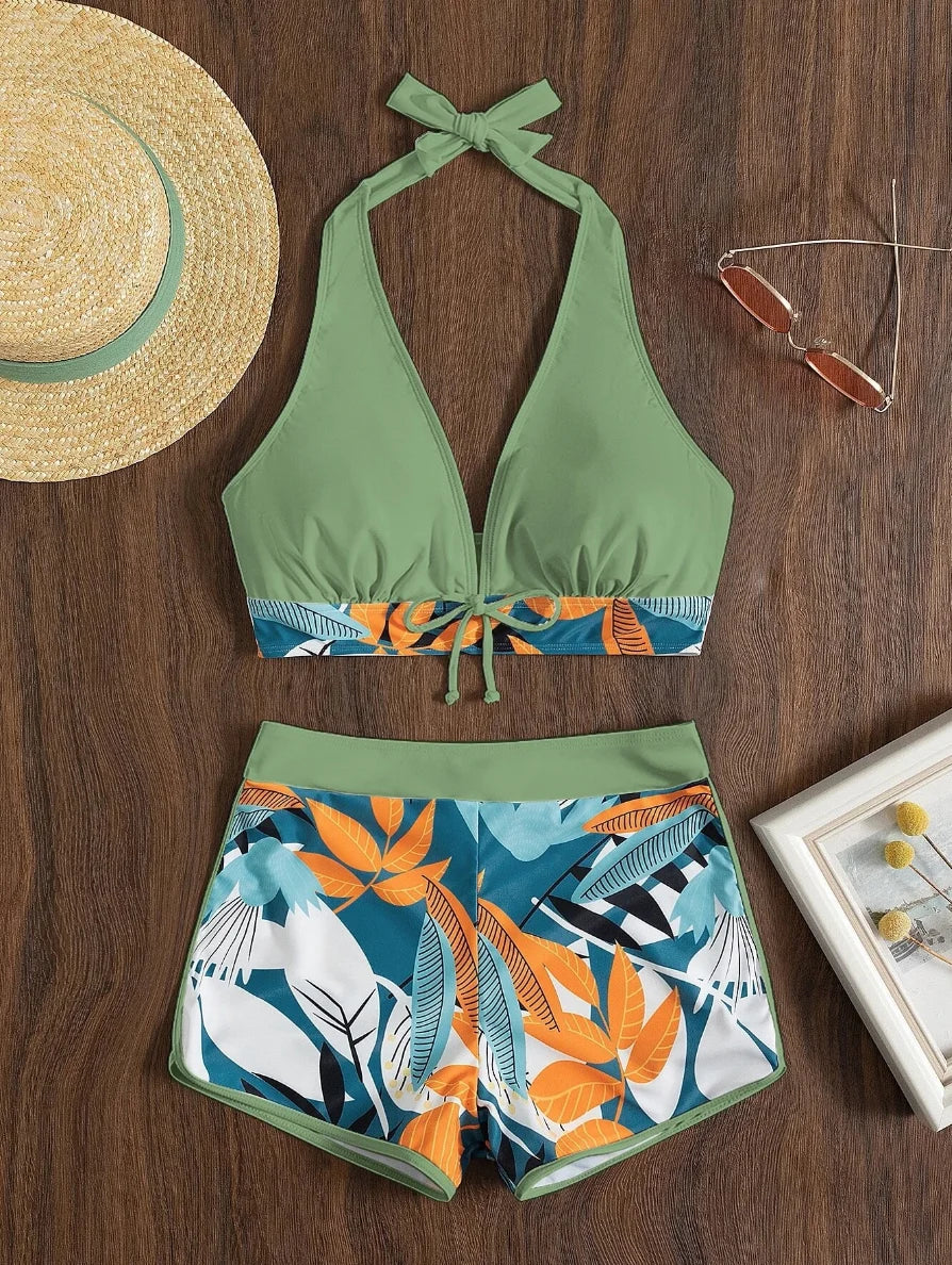 2026 Halter Bikini Set Short Swimsuit Women High Waist Swimwear Female Printed Bathers Swimming Bathing Swim Suit Beachwear