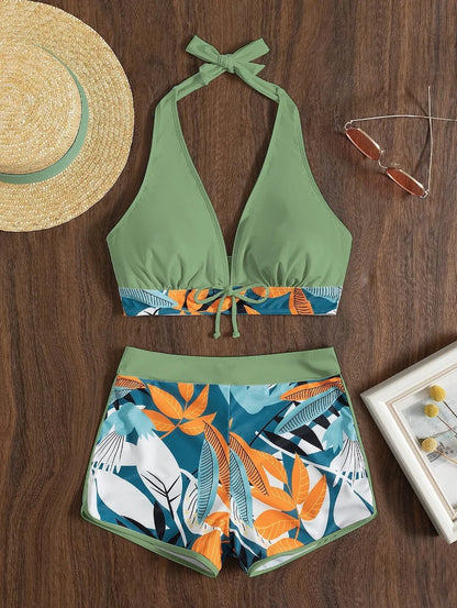 2026 Halter Bikini Set Short Swimsuit Women High Waist Swimwear Female Printed Bathers Swimming Bathing Swim Suit Beachwear