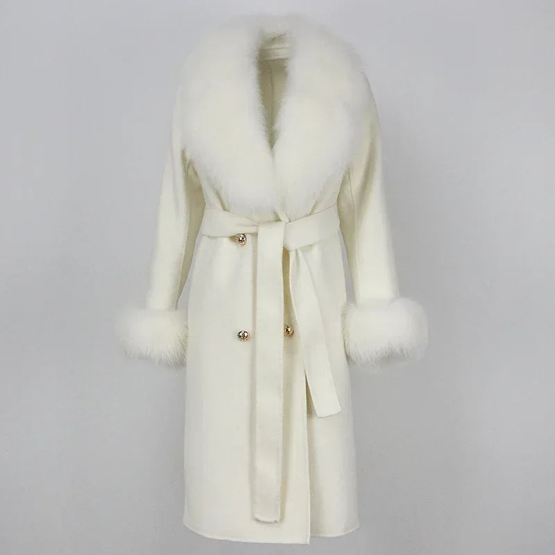 Double Breasted Woolen Jacket Belt Warm Cashmere Real Fur Coat Streetwear New Fashion 2024 Winter Women Long Natural Wool Blends