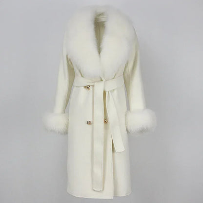Double Breasted Woolen Jacket Belt Warm Cashmere Real Fur Coat Streetwear New Fashion 2024 Winter Women Long Natural Wool Blends