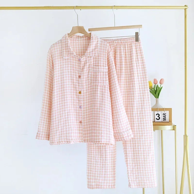 2026 Spring/Summer New Women's Sleepwear Long Set 100% Cotton Plaid Long Sleeve Long Pants Two Piece Set Collar Home Clothes