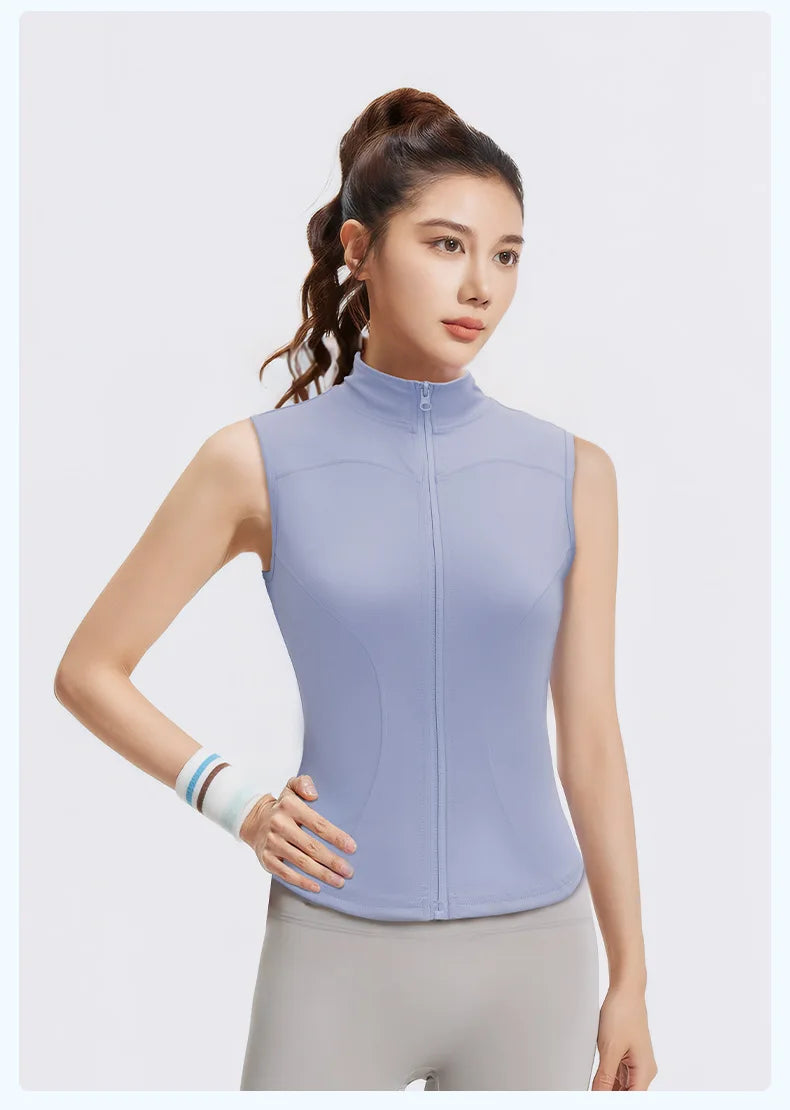 Spring and Summer New Sleeveless Vest Women's Yoga Jacket Slimming Stretch Slim Sports Jacket Standing Collar Zipper Top Fitness