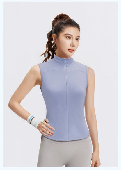 Spring and Summer New Sleeveless Vest Women's Yoga Jacket Slimming Stretch Slim Sports Jacket Standing Collar Zipper Top Fitness