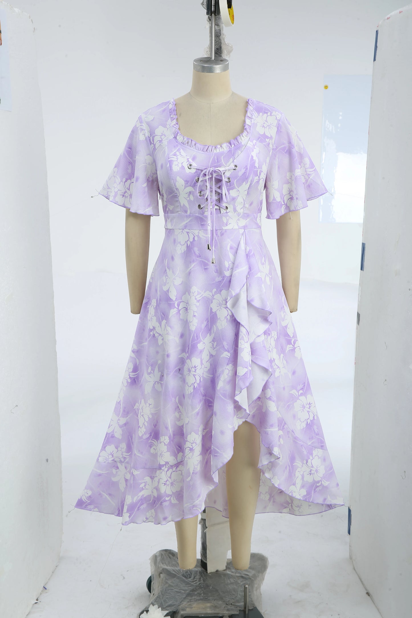 ROSEGAL Plus Size Tie Dye Floral Print Ruffles Lace-Up Dress 2026 Women Summer Dress Light Purple Square Collar Split Vestidos