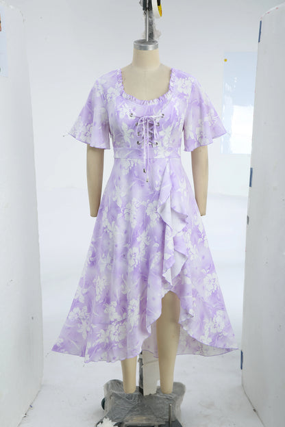 ROSEGAL Plus Size Tie Dye Floral Print Ruffles Lace-Up Dress 2026 Women Summer Dress Light Purple Square Collar Split Vestidos
