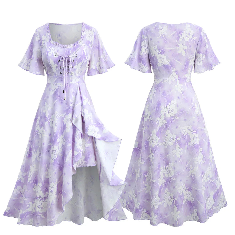 ROSEGAL Plus Size Tie Dye Floral Print Ruffles Lace-Up Dress 2026 Women Summer Dress Light Purple Square Collar Split Vestidos