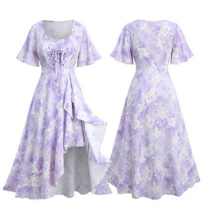 ROSEGAL Plus Size Tie Dye Floral Print Ruffles Lace-Up Dress 2026 Women Summer Dress Light Purple Square Collar Split Vestidos