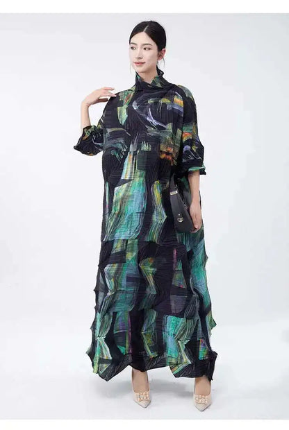 LANMREM Large Size Pleated Dress For Women Turtleneck Printing Loose Dresses Female Casual Clothing 2025 Spring New 2DB2113