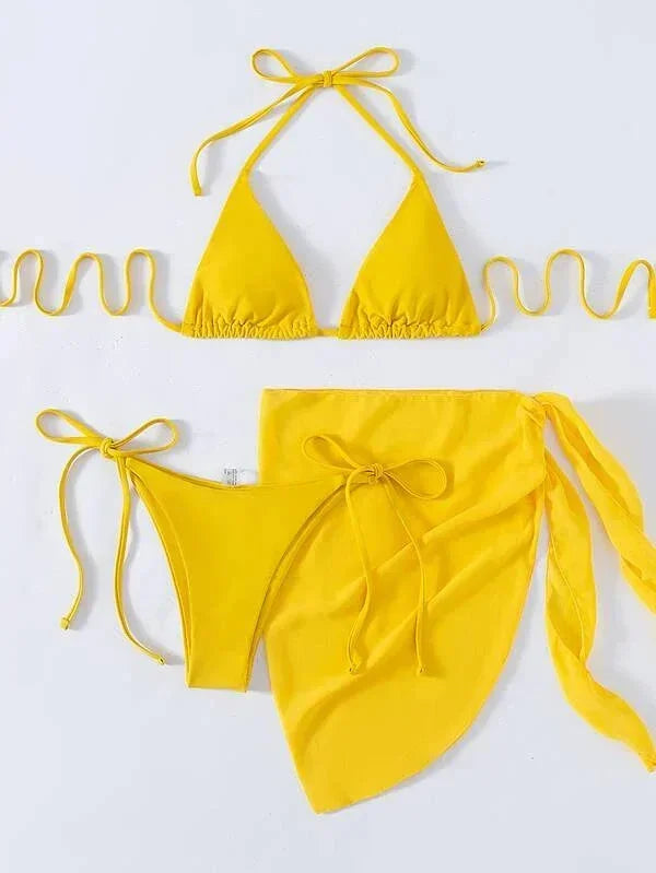 2026 Women's High Waist Bikini Set Halter Cut Out Mesh Skirt 3 Piece Swimsuit Brazilian Push Up Bra Beach Bathing Suit Swimwear