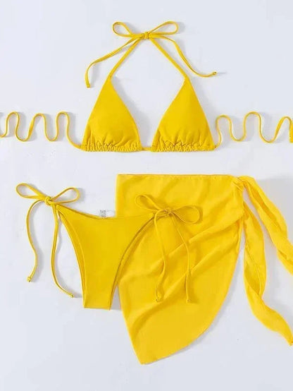 2026 Women's High Waist Bikini Set Halter Cut Out Mesh Skirt 3 Piece Swimsuit Brazilian Push Up Bra Beach Bathing Suit Swimwear