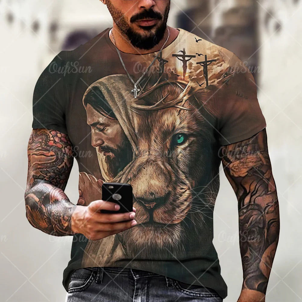 Christ Jesus T-Shirts for Men 3D Lion Printed T-Shirt Summer Clothes Short Sleeve Streetwear Vintage Tops Tee Shirt Men Clothing