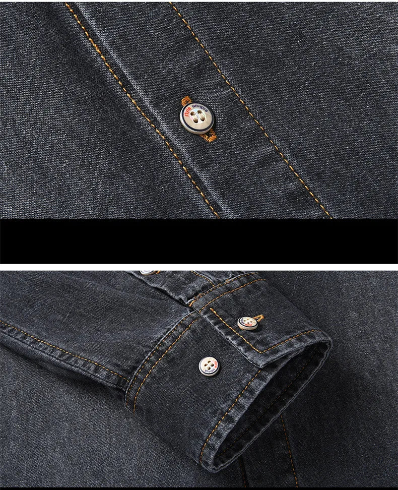 New Autumn Cotton Denim Shirts Men Slim Fit Smart Casual Solid Color Long Sleeve Mens Jeans Shirt  Fashion Male Shirt Black Blu