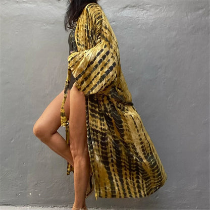 New 11 Colors Printed Long Sleeve With Belt Tunic Beach Cover Up Cover-ups Beach Dress Beach Wear Beachwear Female Women V4521