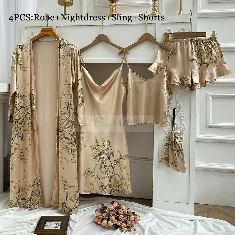 Four Pieces Pajamas Set Printed Little Cherry Sleepwear Women Satin Nightgown With Suspender Sling&Shorts Summer Home Clothes