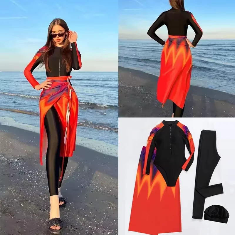 4PCS/Set Modest Burkini Femmes Swimming Suit Muslim Swimwear Women Long Sleeve Sport Swimsuit Islamic Wear Contain Hijab