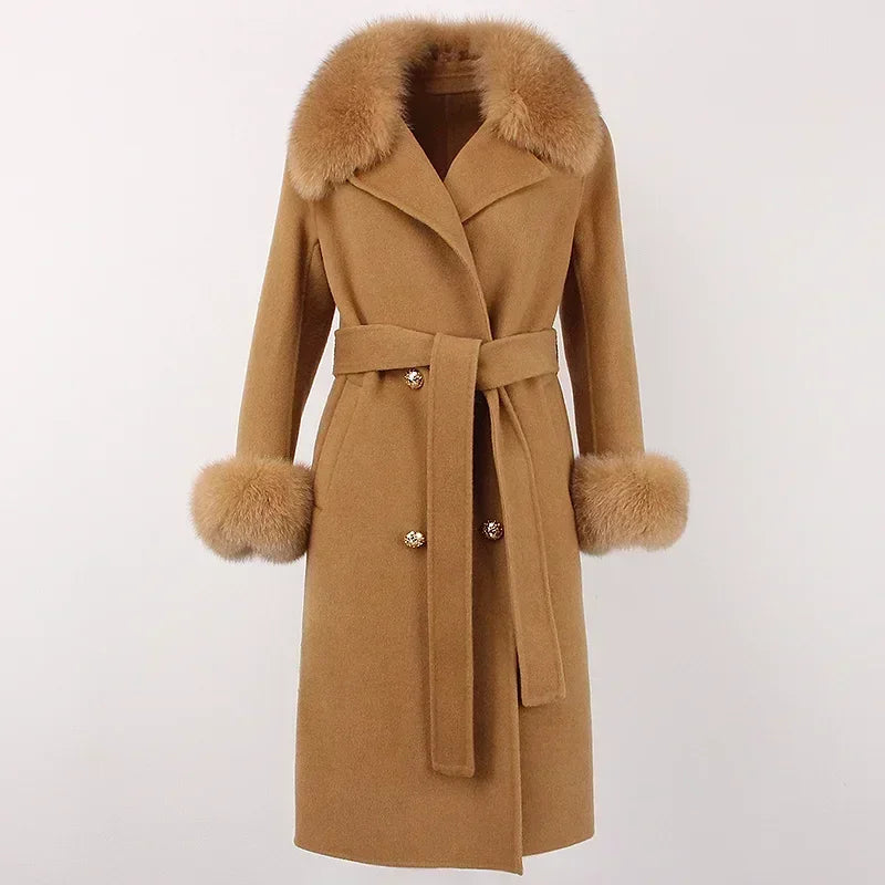 Double Breasted Woolen Jacket Belt Warm Cashmere Real Fur Coat Streetwear New Fashion 2024 Winter Women Long Natural Wool Blends