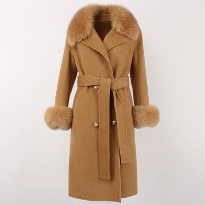 Double Breasted Woolen Jacket Belt Warm Cashmere Real Fur Coat Streetwear New Fashion 2024 Winter Women Long Natural Wool Blends