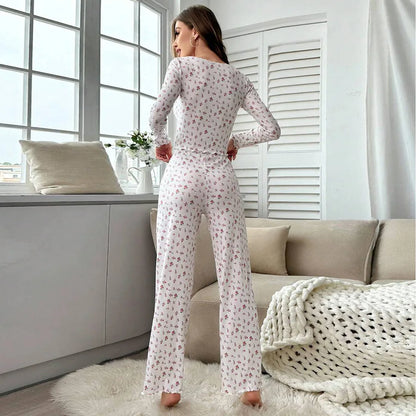 Spring Autumn Floral Print Lettuce Trim Tops with Long Pants Sleepwear Women Pajamas Set Loungewear Nightwear Pijama Mujer
