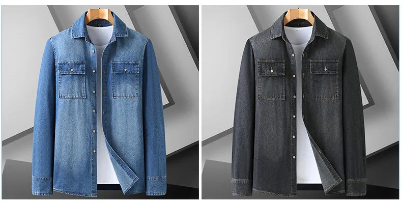 New Autumn Cotton Denim Shirts Men Slim Fit Smart Casual Solid Color Long Sleeve Mens Jeans Shirt  Fashion Male Shirt Black Blu