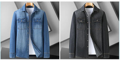 New Autumn Cotton Denim Shirts Men Slim Fit Smart Casual Solid Color Long Sleeve Mens Jeans Shirt  Fashion Male Shirt Black Blu