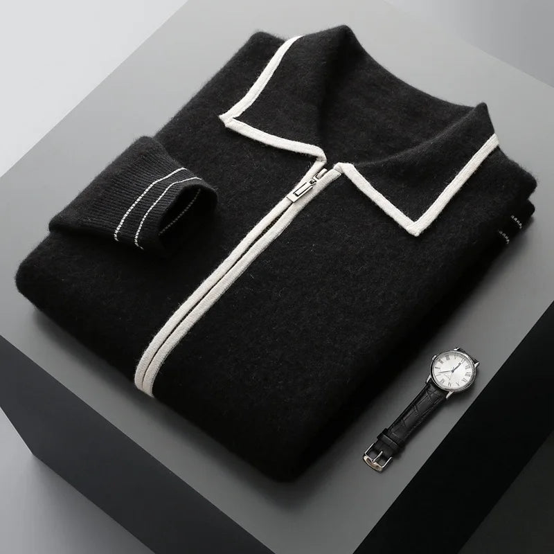 Autumn and winter zipper high-end design cardigan sweater 2025 men's simple and versatile trendy contrast color knitted sweater