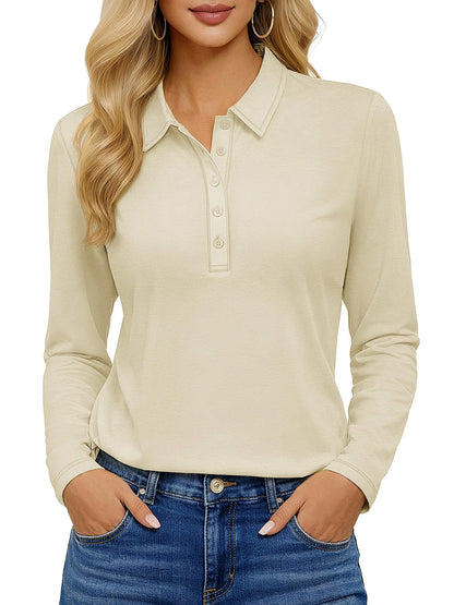 TACVASEN Women's Long Sleeve 5-Button Polo Shirts V-Neck Collared Tops Cotton Blend Casual Work Golf T-Shirts with Side Split