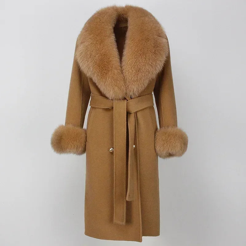Double Breasted Woolen Jacket Belt Warm Cashmere Real Fur Coat Streetwear New Fashion 2024 Winter Women Long Natural Wool Blends