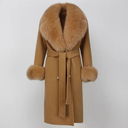 Double Breasted Woolen Jacket Belt Warm Cashmere Real Fur Coat Streetwear New Fashion 2024 Winter Women Long Natural Wool Blends