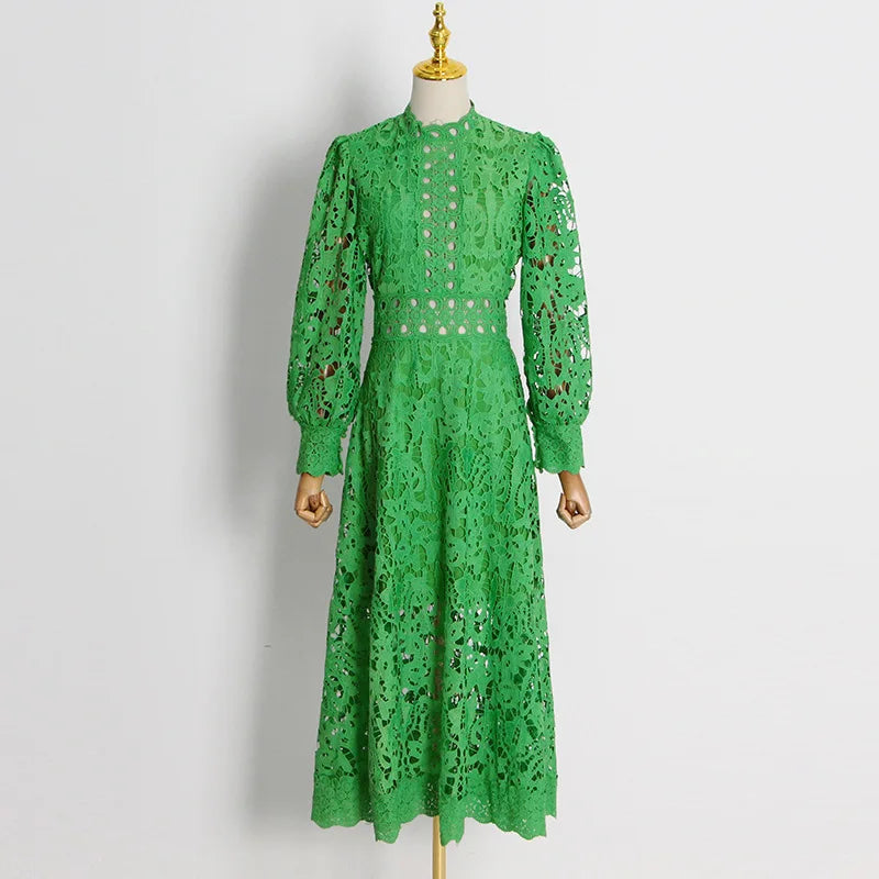 French Elegant Holiday Flower Embroidery Lace Midi Dress Women Lantern Long Sleeve Stand Hollow Out Crochet Party Vestidos