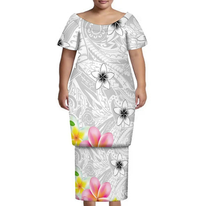 New Tonga Polynesian Short Sleeve Dress Big Size Women Button Puletasi Dress and Aloha Men Shirt Match Couple Clothes Two Piece