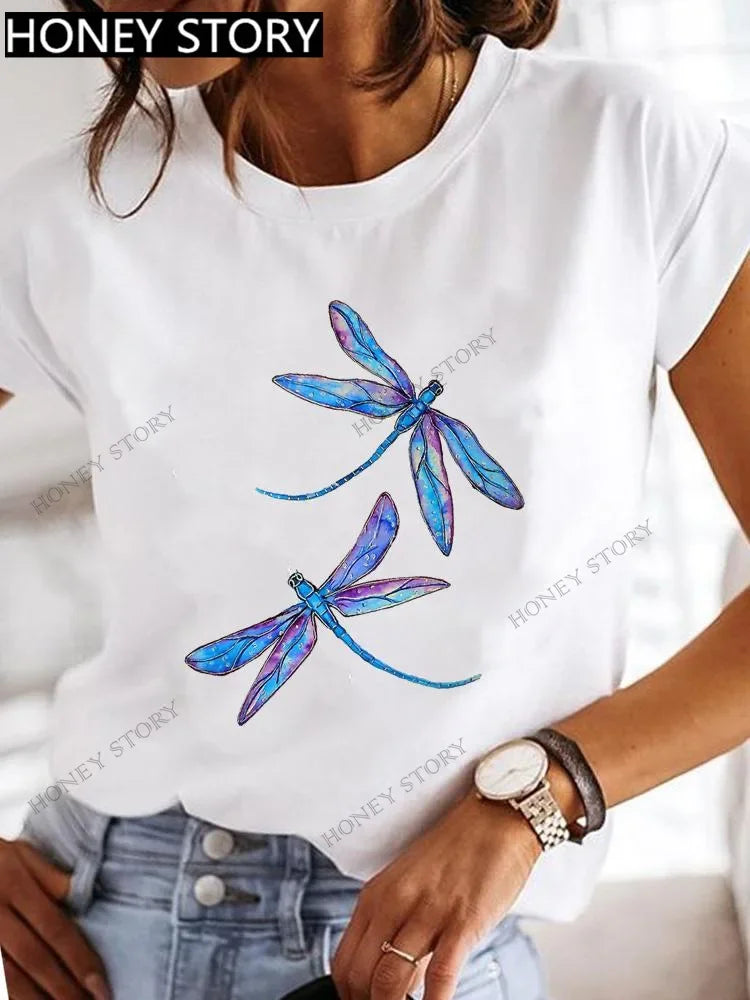 Dragonfly Butterfly Print Base Top Loose Women's Short-sleeved T-shirt Round Neck Oversized T Shirt  Women Clothes TEE