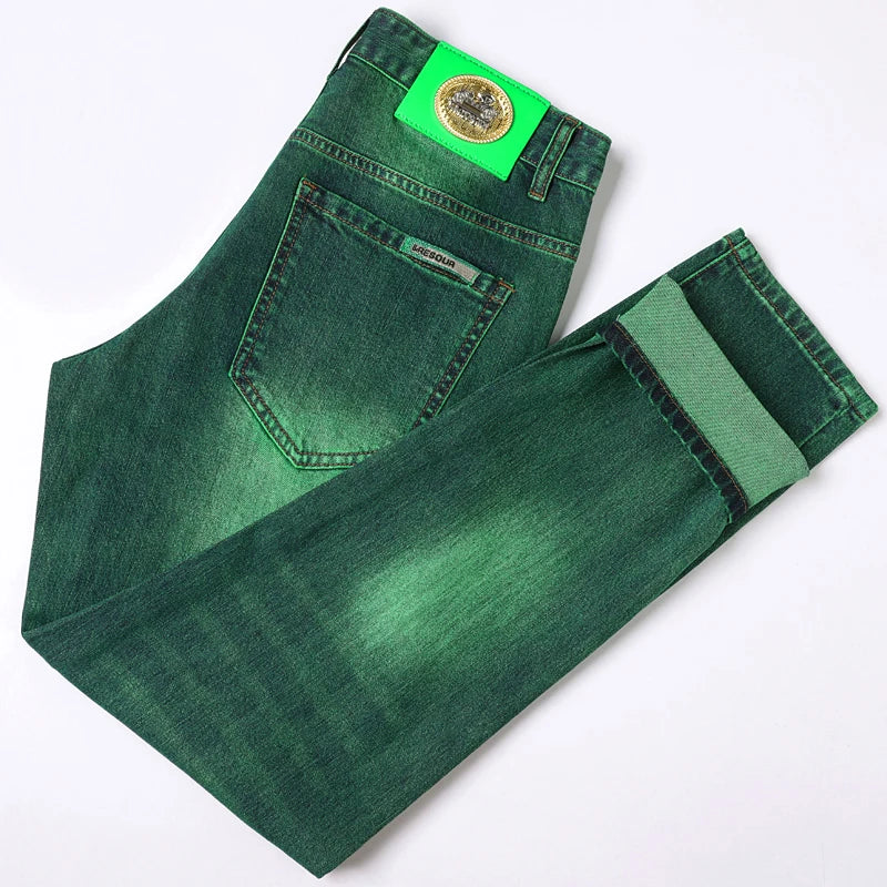 Emerald Green Jeans High-End Embroidery Slim Straight Leg Men Pants Personality Fashion Everything Trend Elastic Denim Pant