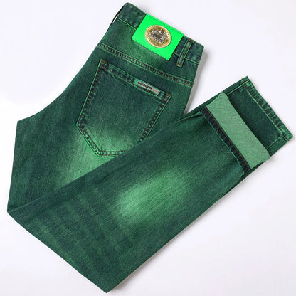 Emerald Green Jeans High-End Embroidery Slim Straight Leg Men Pants Personality Fashion Everything Trend Elastic Denim Pant