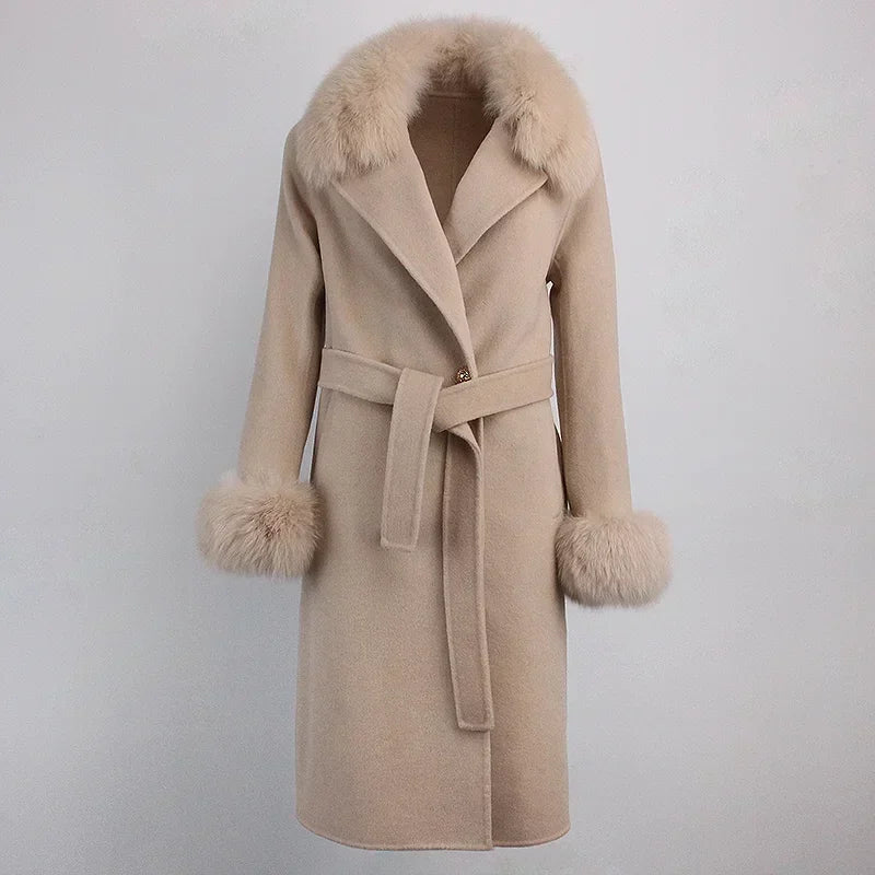 Double Breasted Woolen Jacket Belt Warm Cashmere Real Fur Coat Streetwear New Fashion 2024 Winter Women Long Natural Wool Blends