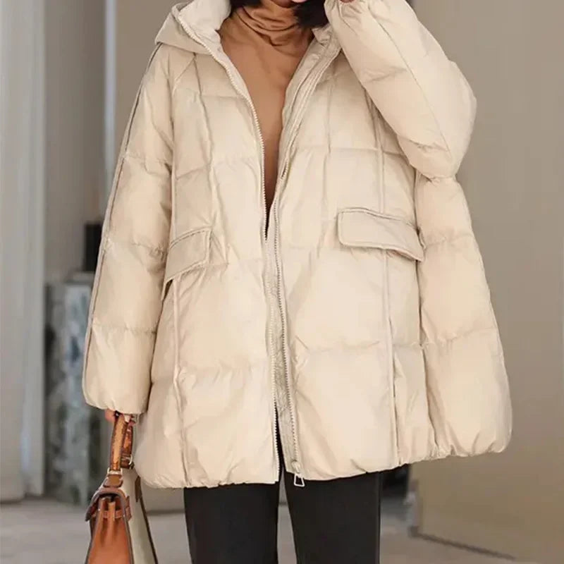 2024 New Winter Women White Duck Down Jacket Hooded Warm Oversize Puffer Coat Female Casual Loose Parkas Pocket Outwear