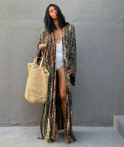 Beach Cover Ups Women Tie Dye Printed Kimono Cardigan Self Belted Wrap Dresses Summer Holiday Bathing Suits
