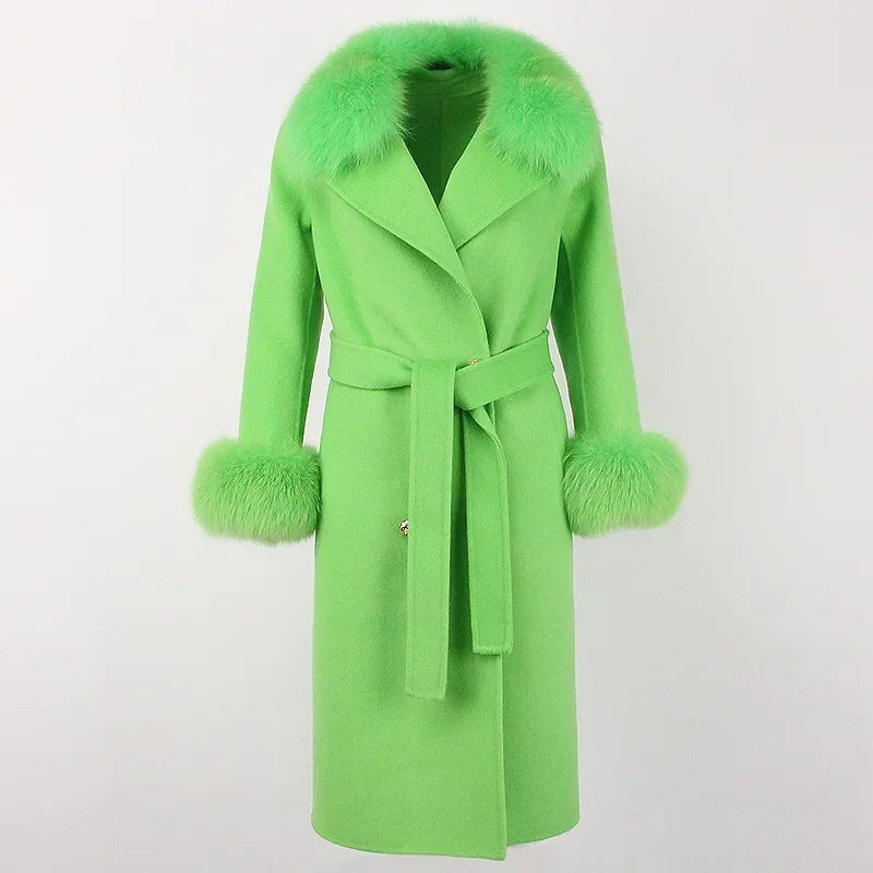 Double Breasted Woolen Jacket Belt Warm Cashmere Real Fur Coat Streetwear New Fashion 2024 Winter Women Long Natural Wool Blends