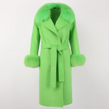 Double Breasted Woolen Jacket Belt Warm Cashmere Real Fur Coat Streetwear New Fashion 2024 Winter Women Long Natural Wool Blends