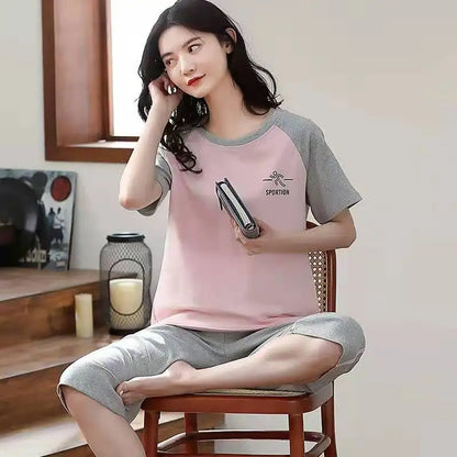 Women Sleepwear Half-Sleeve Seven-Quarter Trousers Student Nightwear Homewear Set Round Neck Cartoon Ladies Pajamas Loungewear