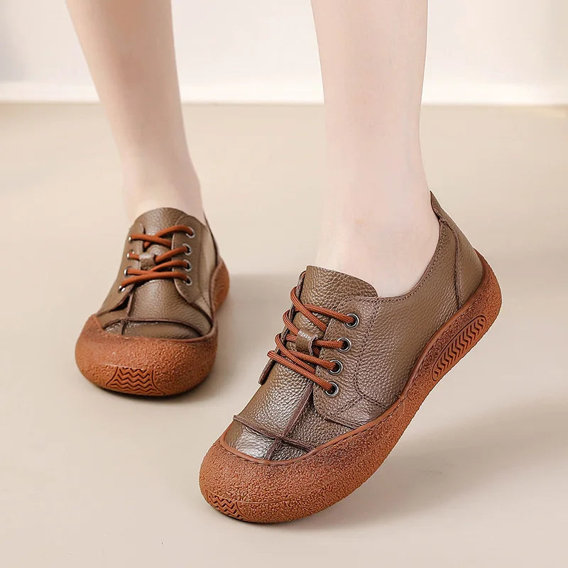 New Women's Genuine Leather Flats Woman Tied Up Wide Head Sports Sneakers Vintage Moccasin Non-Slip Walking Driving Loafer Flats