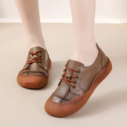 New Women's Genuine Leather Flats Woman Tied Up Wide Head Sports Sneakers Vintage Moccasin Non-Slip Walking Driving Loafer Flats
