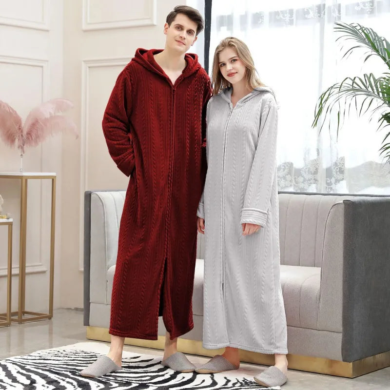 Winter Plus Size Hooded Zipper Long Warm Coral Fleece Bathrobe Women Thermal Flannel Bath Robe Shell Dressing Gown Sleepwear
