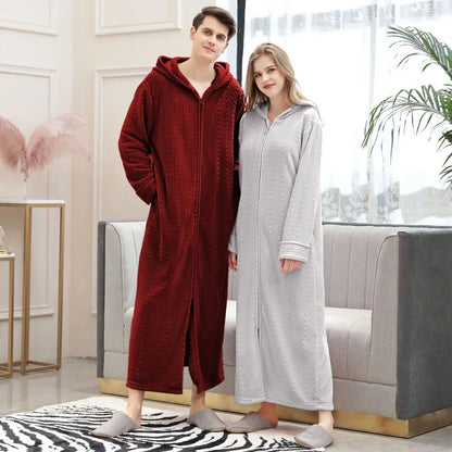 Winter Plus Size Hooded Zipper Long Warm Coral Fleece Bathrobe Women Thermal Flannel Bath Robe Shell Dressing Gown Sleepwear